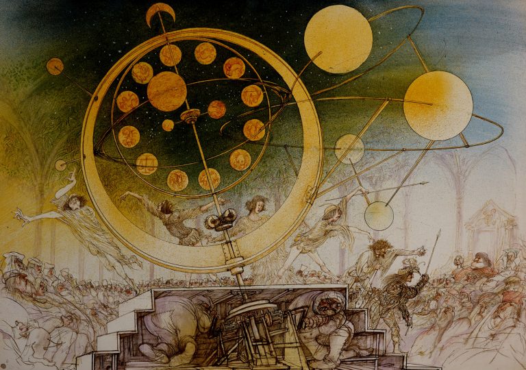 Artwork by Ralph Steadman showing an incredible astrological machine built by Leonardo da Vinci for a wealthy patron.