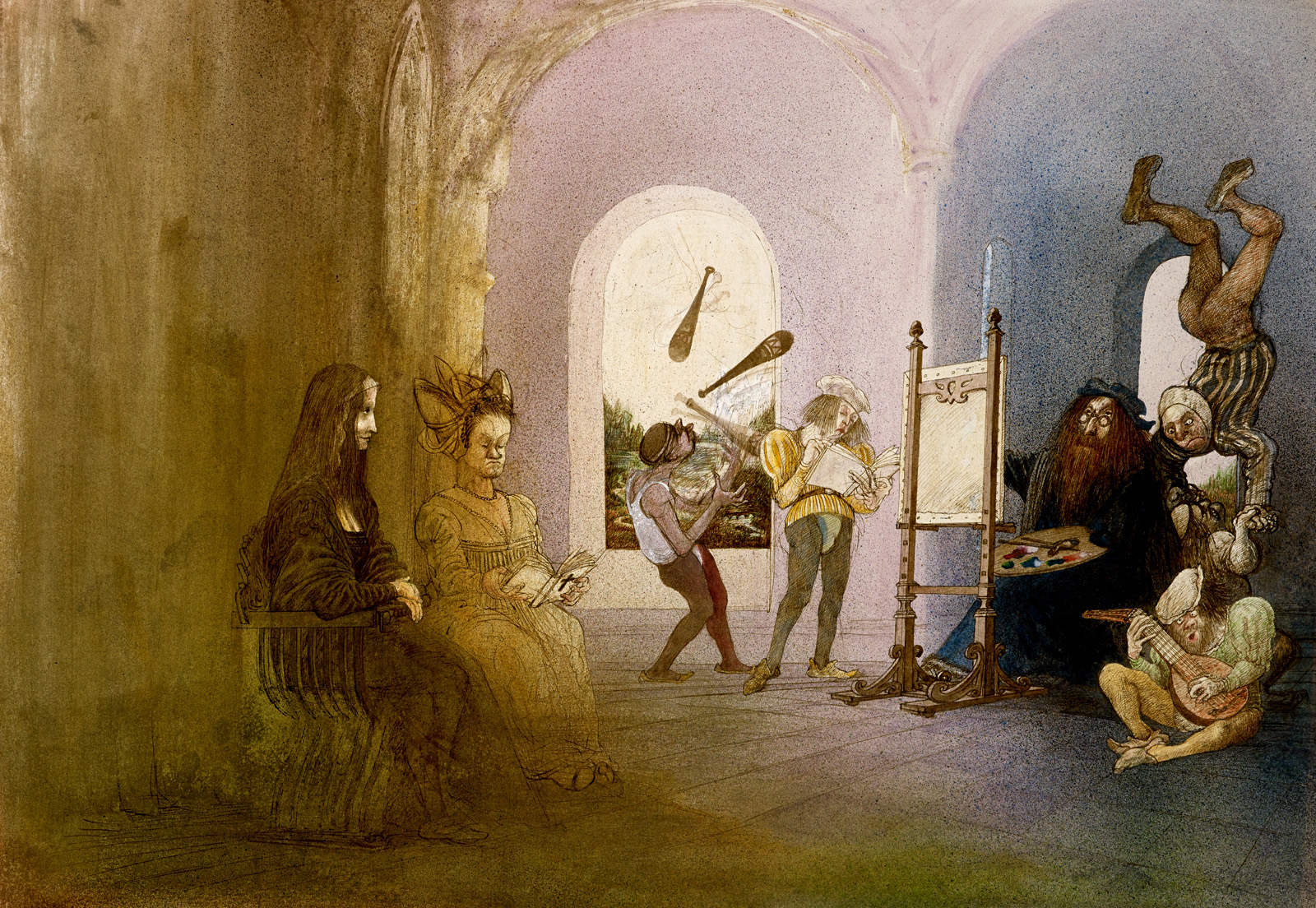 Ralph Steadman imagines here that Leonardo da Vinci paints the Mona Lisa.