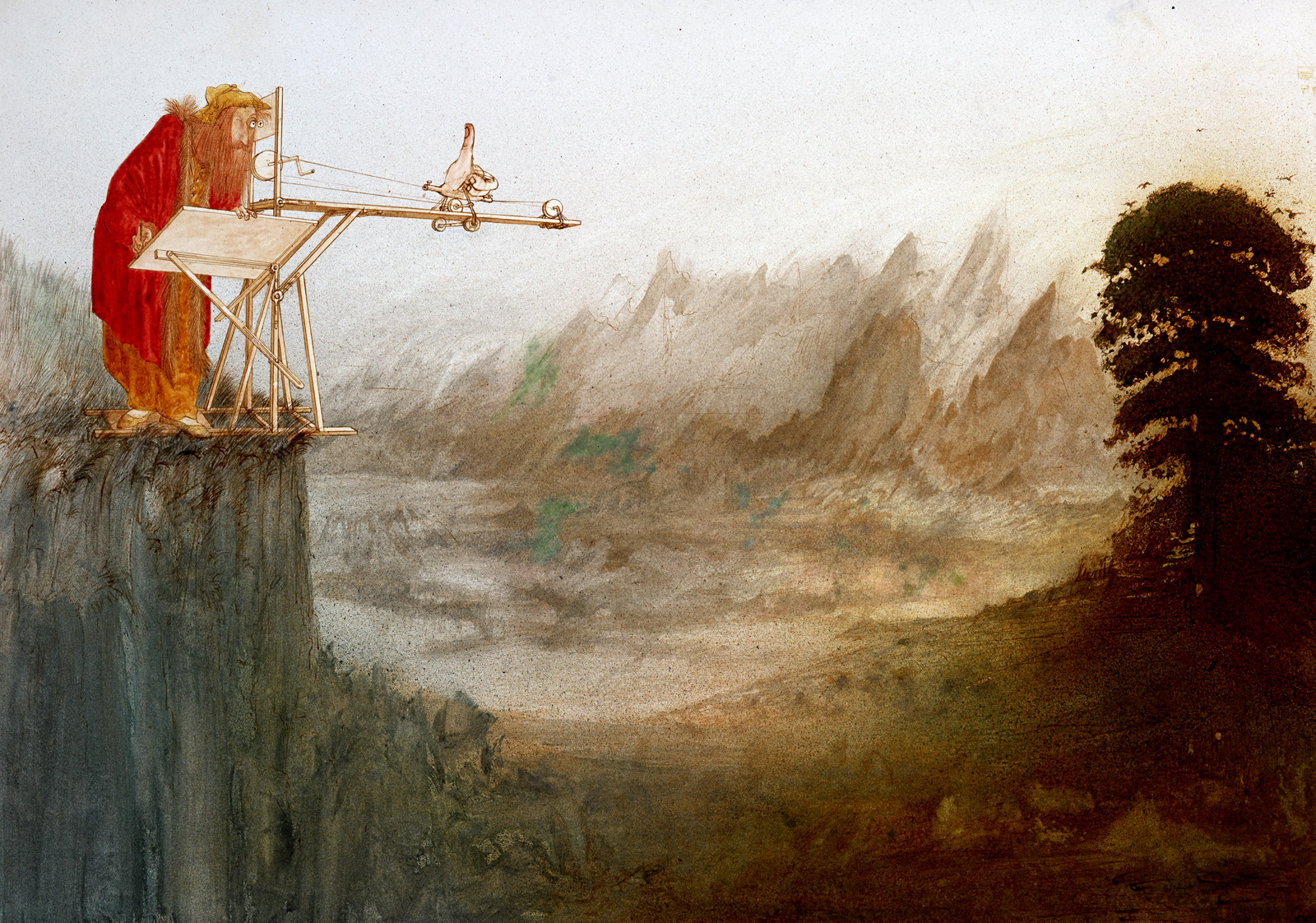 An imagined incident where Leonardo da Vinci has created a device to help him paint a landscape