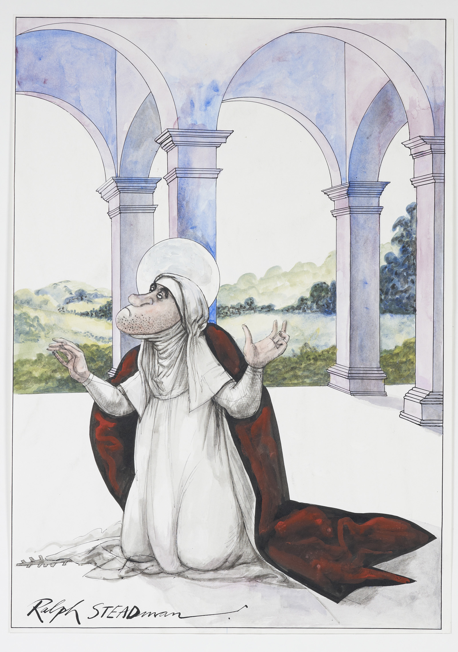 Richard Nixon depicted as a holy figure in a portrait by Ralph Steadman
