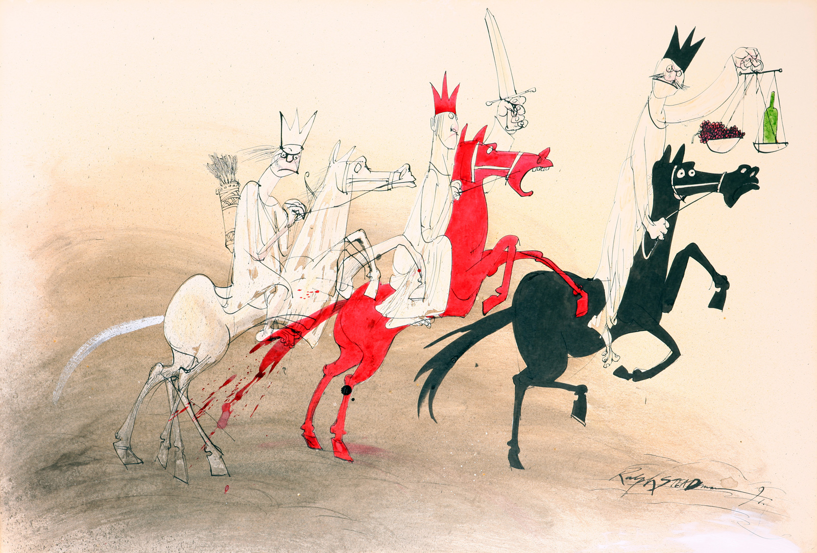 Image of teh 4 Horsemen of the Apocalyse by Ralph Steadman for Oddbins the wine merchants